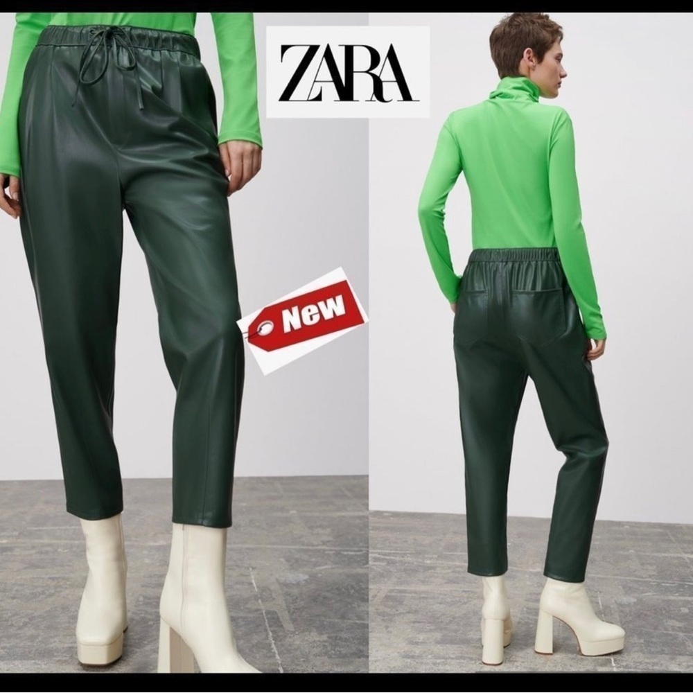 ZARA green faux leather pleather mid rise The Weekend Pants drawstring XXL NWT